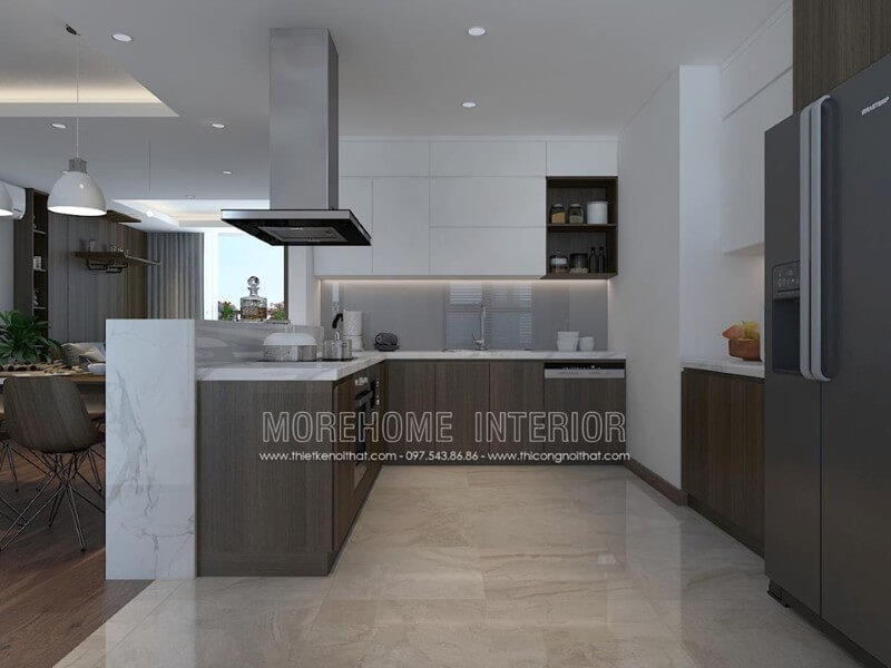 Thiết kế nội thất phòng bếp chung cư với đồ nội thất bố trí khoa học tiện dụng Nội thất phòng bếp