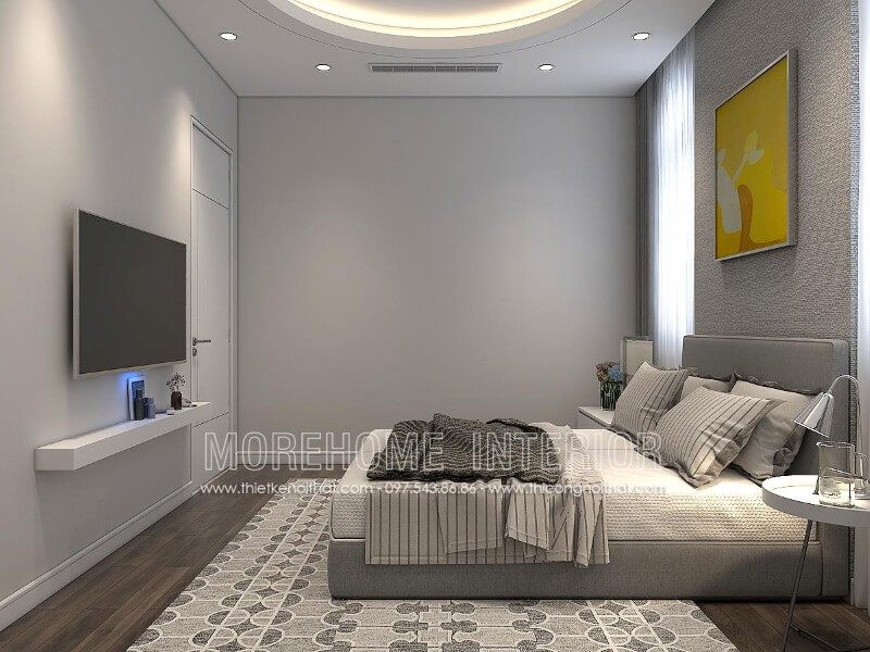 Mẫu giường ngủ đẹp hiện đại được thiết kế vuông vức, chất liệu bọc vải màu xám nhẹ nhàng không gây nhức mắt tạo nên sự thoải mái cho những giấc ngủ yên bình của gia chủ